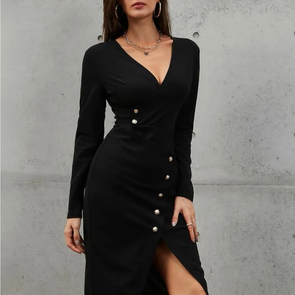 NWOT Button detail wrap-style black dress L (8/10)